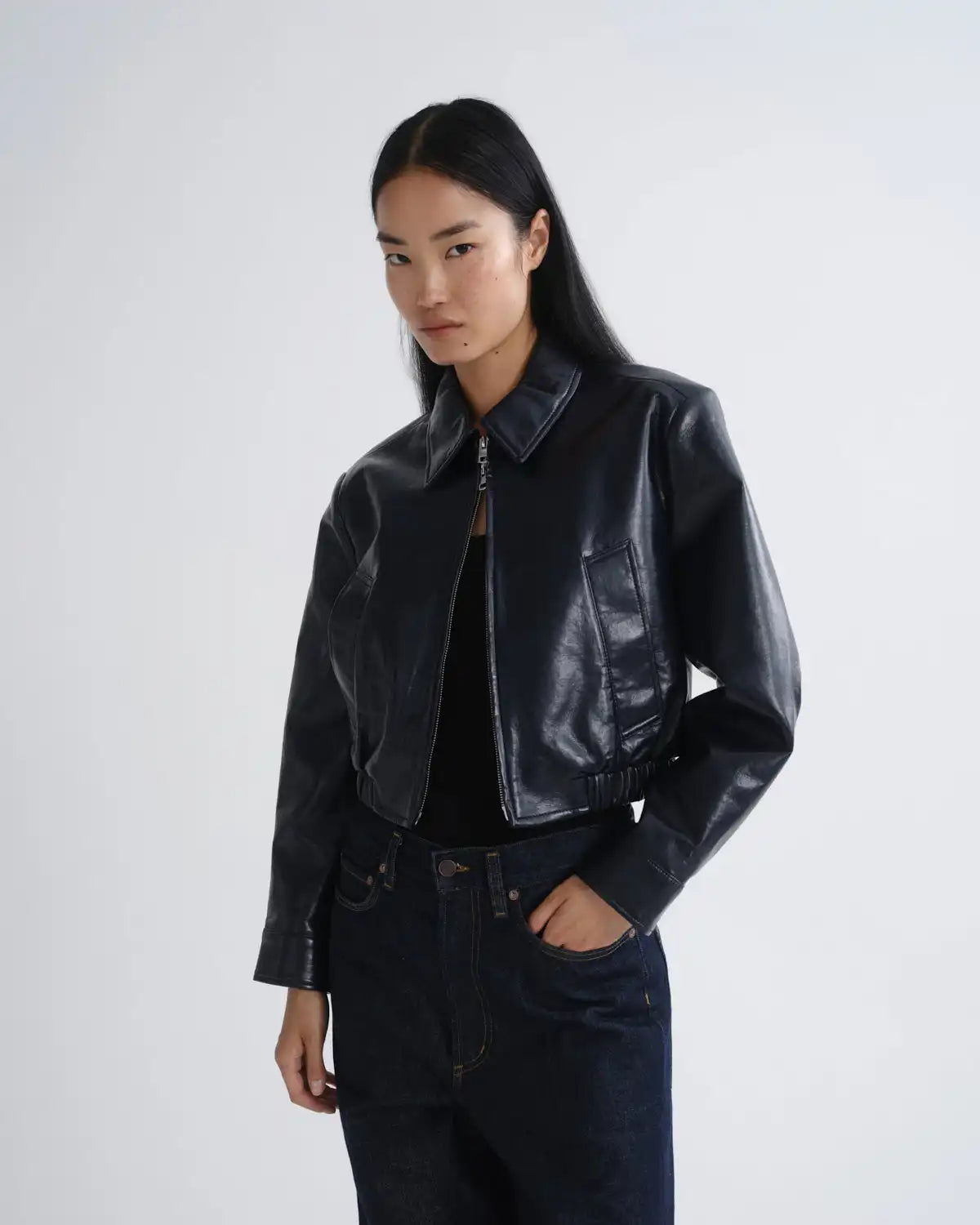 Nahla Cropped Jacket (Recycled Leather) in Navy