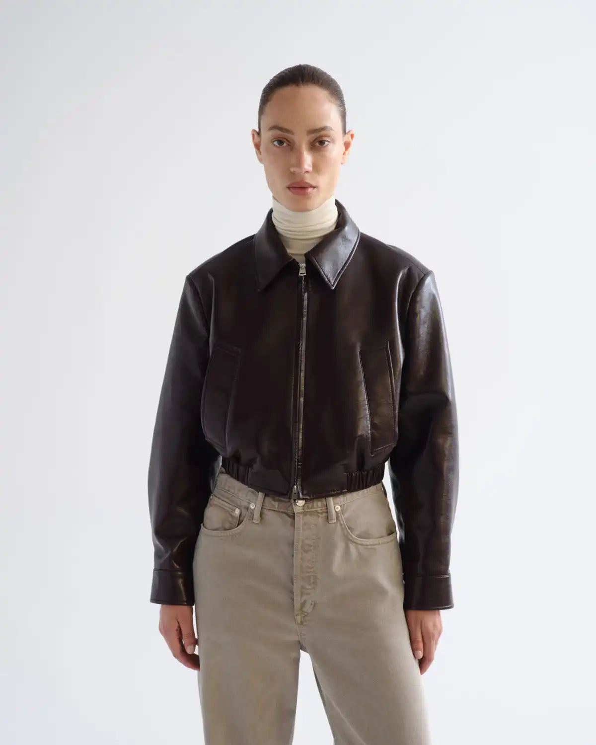 Nahla Cropped Jacket (Recycled Leather) in Madera