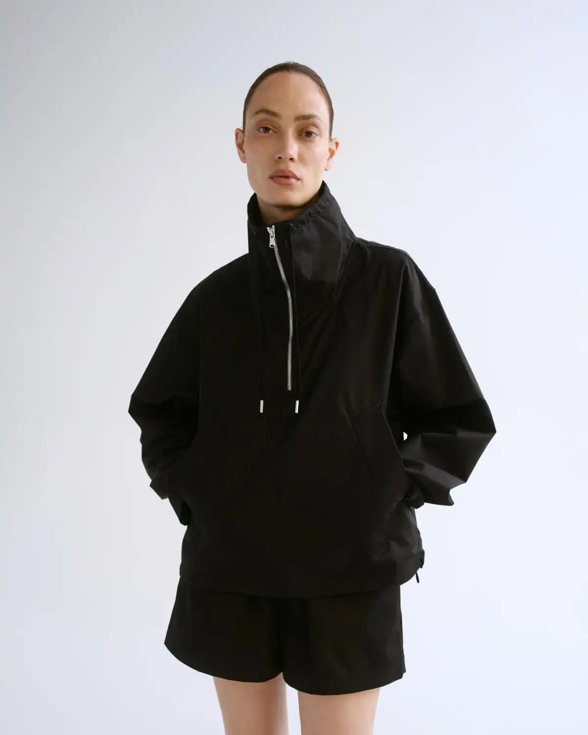 Lydia Nylon Popover Anorak in Black
